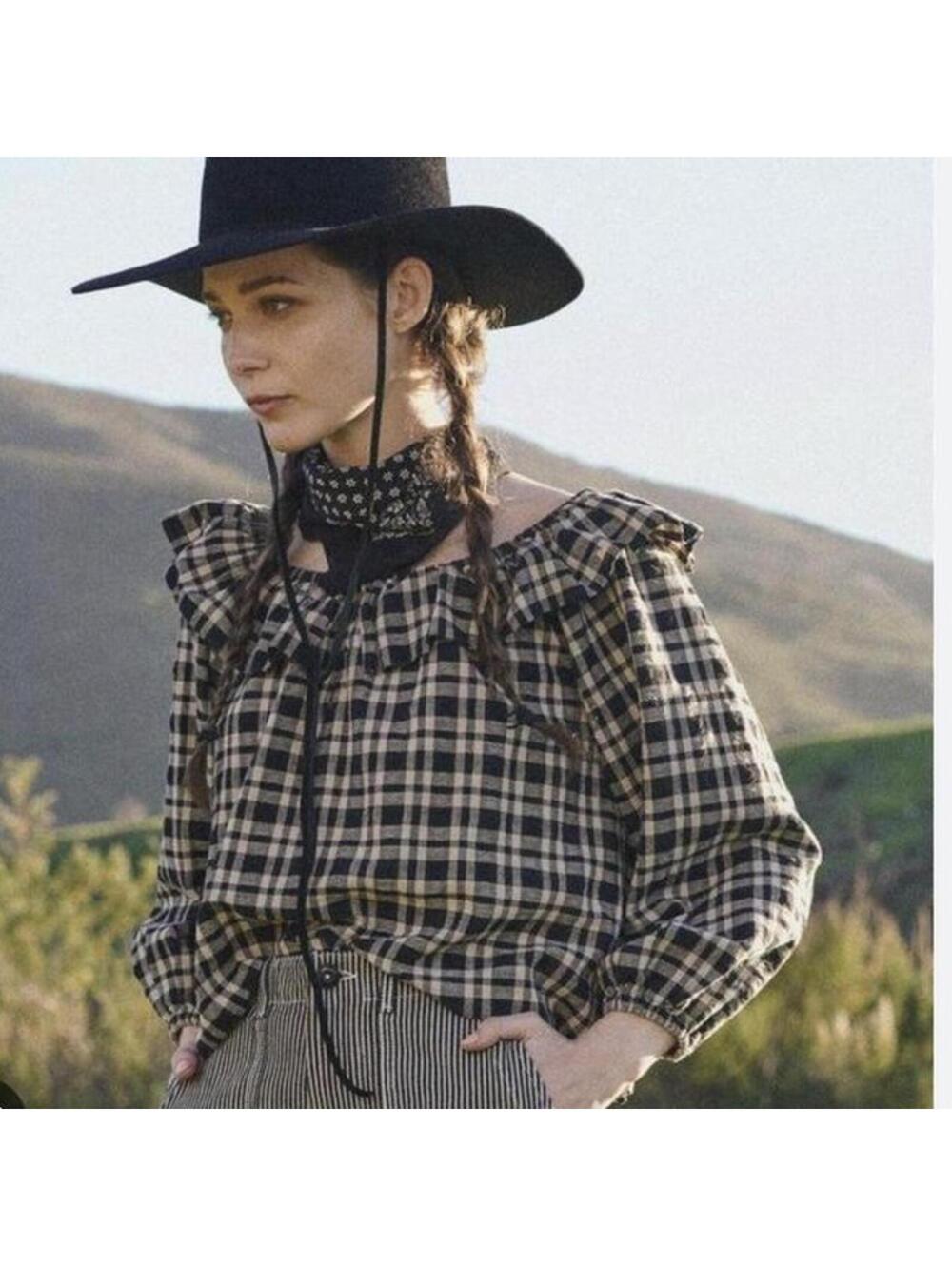 The GREAT. The Coastal Ruffle Top Blouse Gingham Check Women’s size 1 (US Small)